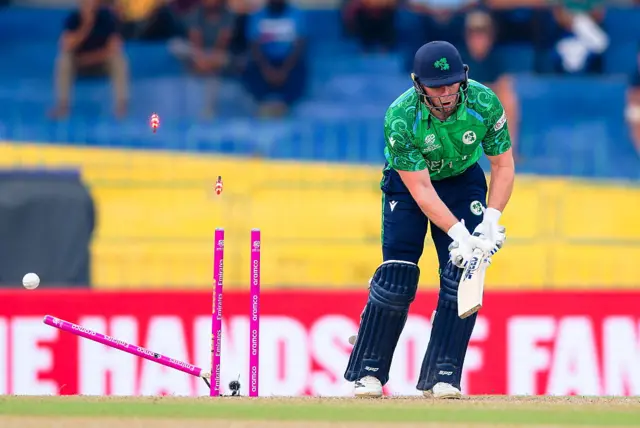 Ross Adair of Ireland bowled out by Nathan Ellis of Australia g