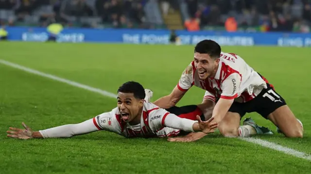 Shea Charles celebrates his winner for Southampton at Leicester
