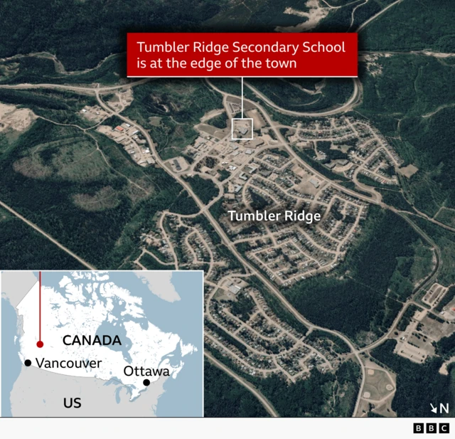 Aerial satellite view of Tumbler Ridge, a small town surrounded by dense forest and hills. Residential streets curve through the centre, with clusters of houses and a few larger buildings. A red banner at the top reads,“Tumbler Ridge Secondary School is at the edge of the town,” with a line pointing to a highlighted building near the upper edge of the town site. The town name “Tumbler Ridge” is labelled across the centre. In the lower-left corner, an inset map of Canada shows the town’s location in western Canada, with Vancouver and Ottawa marked. A north arrow appears in the bottom right, along with a small BBC logo.