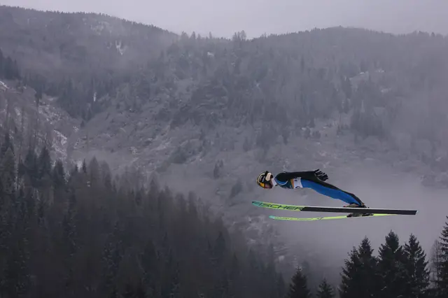 A ski jumper during the Winter Olympics