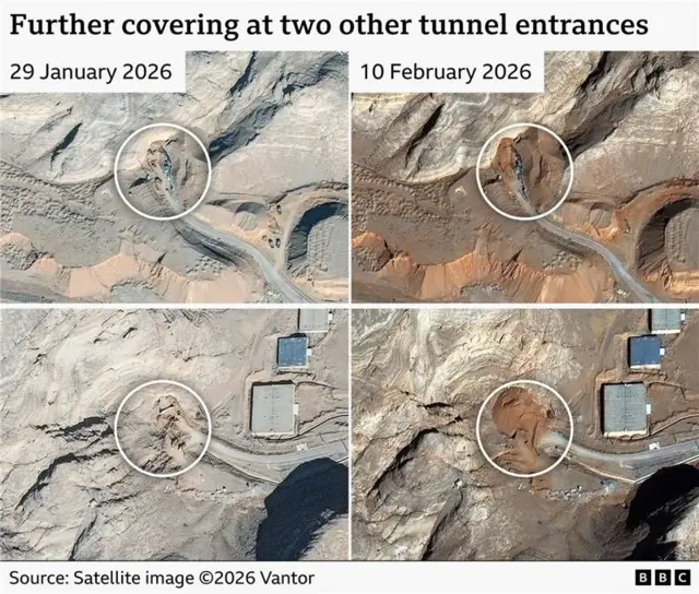 इस्फ़हान परमाणु स्थल पर 29 जनवरी और 10 फरवरी की चार उपग्रह छवियां सुरंग के प्रवेश द्वार पर बढ़ी हुई धरती को दर्शाती हैं