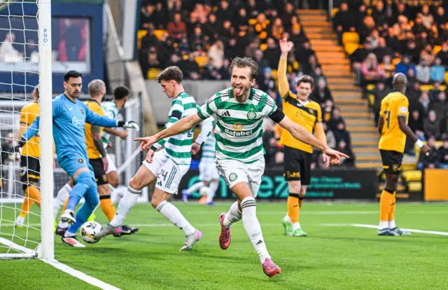Benjamin Nygren celebrates scoring away to Livingston