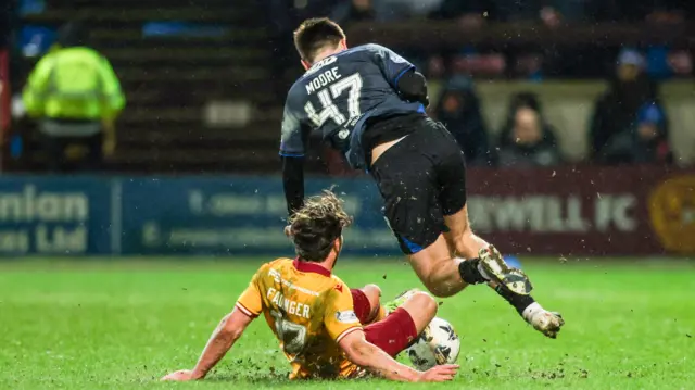 Motherwell's Lukas Fadinger (L) fouls Rangers' Mikey Moore