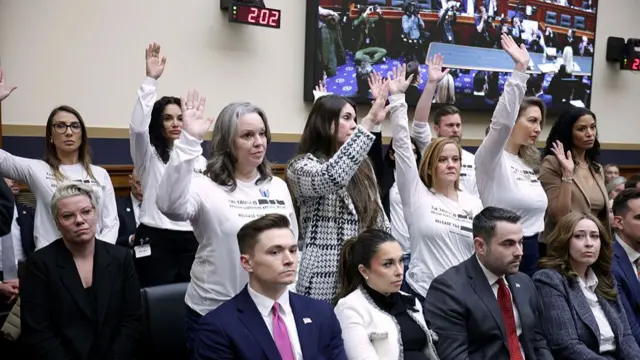 Jeffrey Epstein abuse survivors sit in the audience as US Attorney General Pam Bondi testifies before the House Judiciary Committee