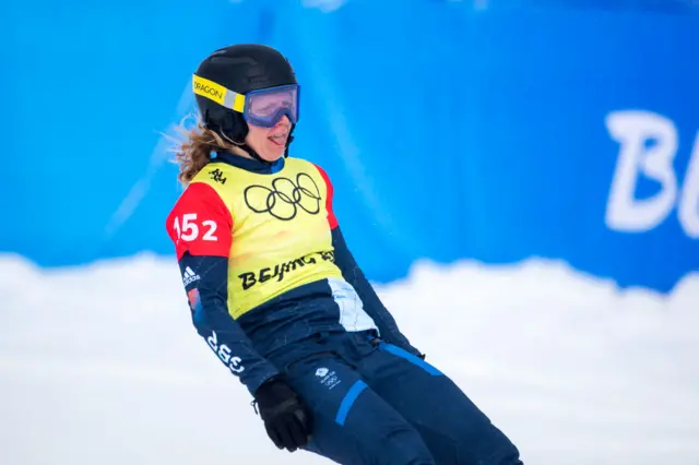 Snowboarder Charlotte Bankes after her run at the Beijing Winter Olympics