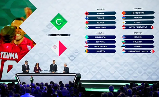 Hosts Pedro Pinto and Seema Jaswal, former Spanish international Fernando Llorente and UEFA deputy General Secretary Giogio Marchetti stand in front of the screan displaying the countries that will be part of the C groups
