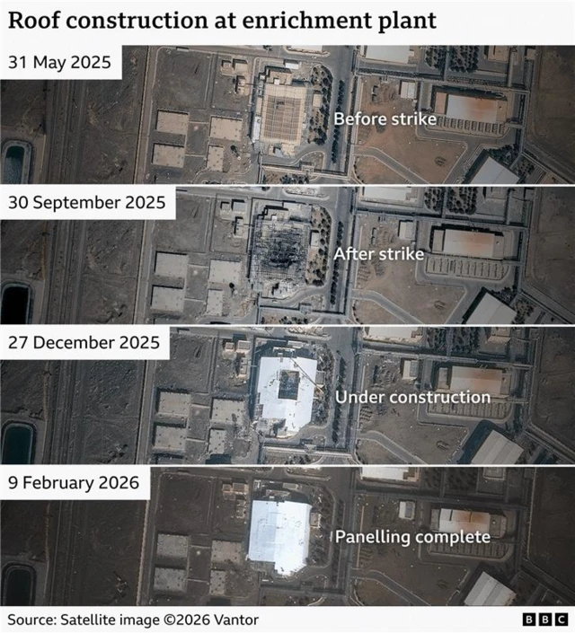 Four satellite images of the same location showing, from top, 31 May 2025 before the strike, 20 September after the strike where damage is seen, 27 December with roof under construction, and 9 February 2026 where panelling is complete