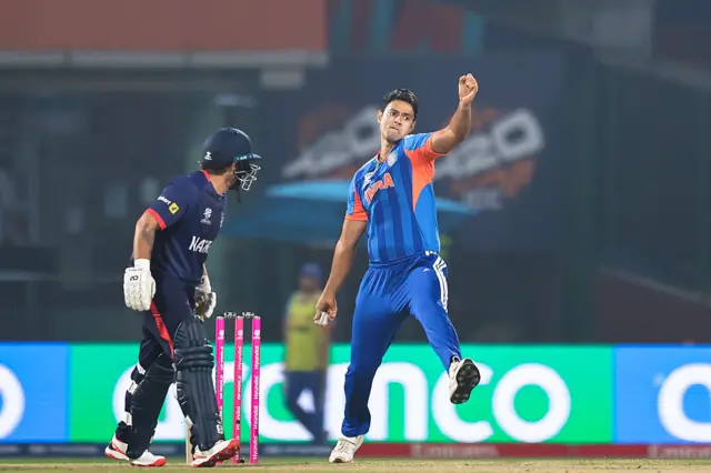 Shivam Dube of India bowls