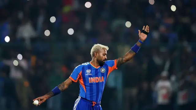 Hardik Pandya of India prepares to bowl