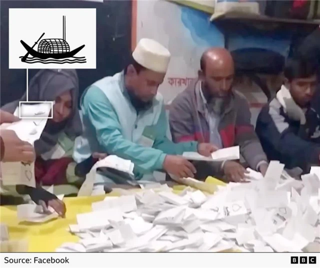 Five people are counting ballots, which are piled up in a table in front of them, on one a boat symbol is visible