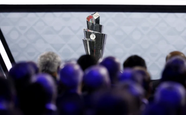 The UEFA Nations League trophy is displayed during the draw