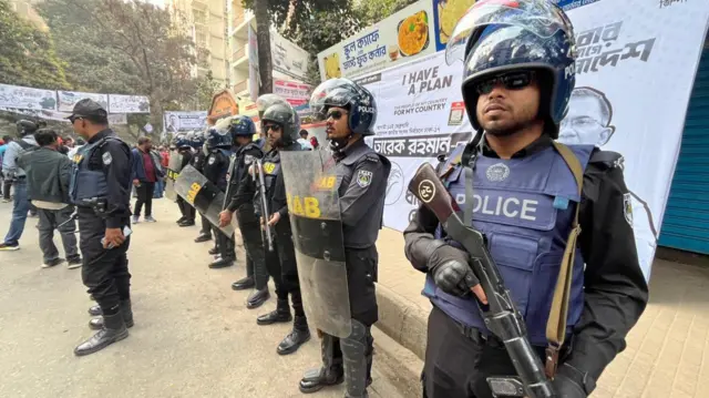 Armed police and security personnel have been deployed outside the polling station