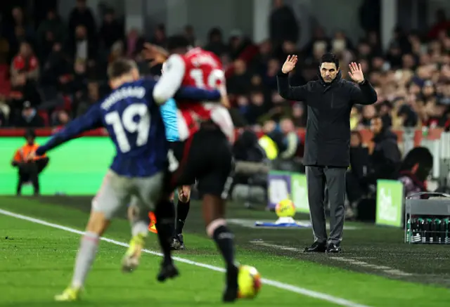 Mikel Arteta, Manager of Arsenal, reacts