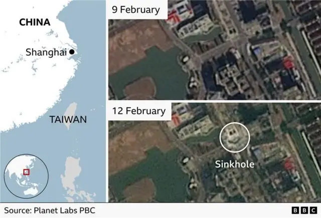 A BBC graphic split into three panels - left, the location of Shanghai in China; top-right, a satellite image from 9 February showing the area before the sinkhole; bottom-right, the same area in a satellite image where the sinkhole can be seen