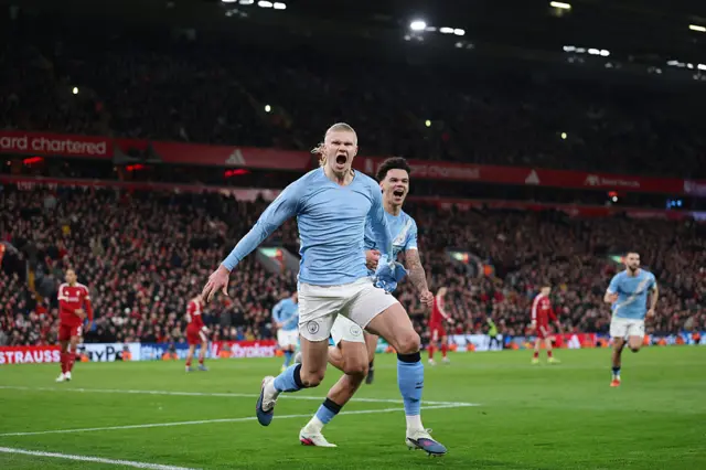 Erling Haaland celebrating at Anfield