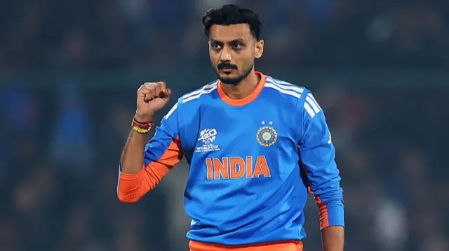 Axar Patel of India celebrates the wicket of Gerhard Erasmus of Namibia