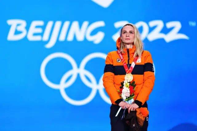 Gold medallist Irene Schouten of Team Netherlands poses with their medal at Beijing 2022 Winter Olympic Games