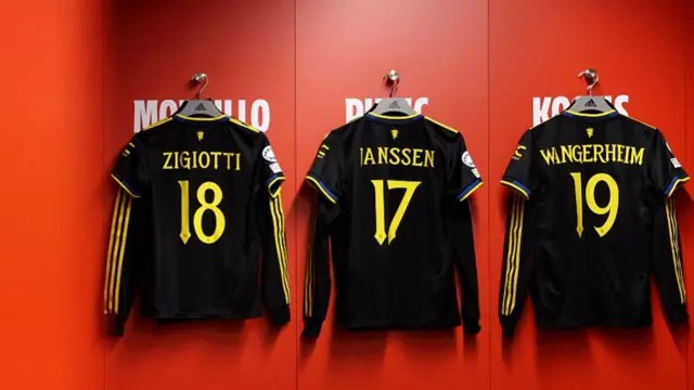 Man Utd players shirts hang in the dressing room