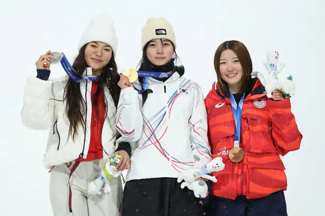 old medalist Gaon Choi of Team Republic of Korea, Silver medalist Chloe Kim of Team United States and Bronze medalist Mitsuki Ono