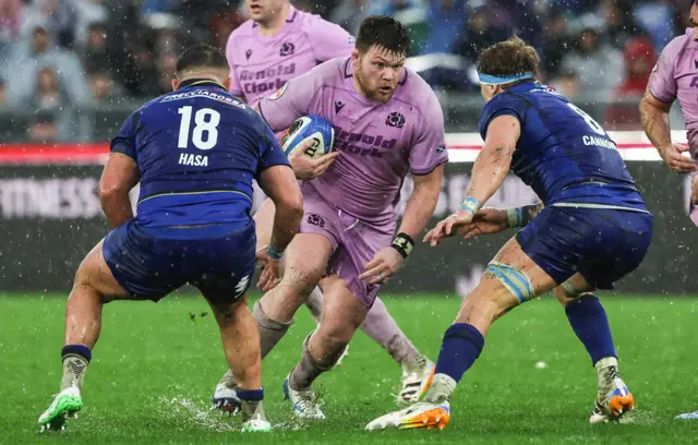 Scotland's Nathan McBeth (centre) in action during a Guinness Six Nations match between Italy and Scotland at the Stadio Olimpico, on February 07, 2026, in Rome, Italy.