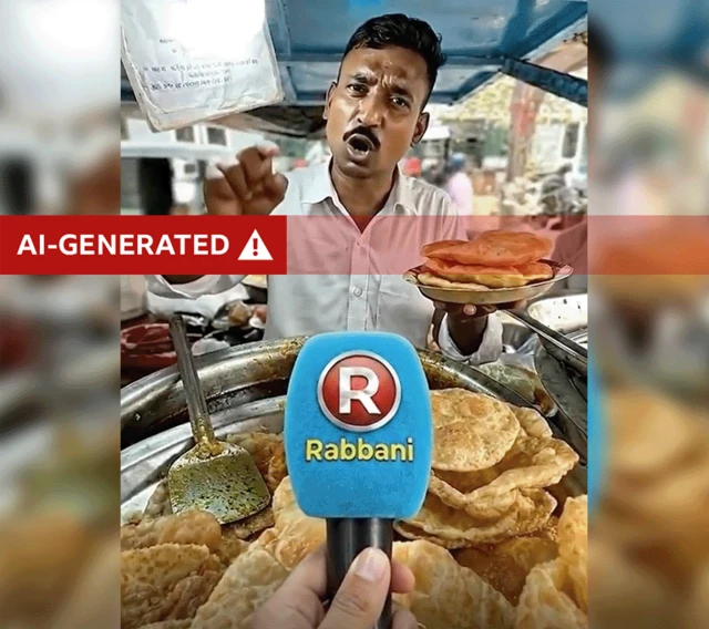 An AI generated image of a streetfood vendor holding a plate of puri, he is looking directly into the camera, speaking and pointing his finger. A microphone is visible in the foreground