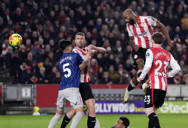 Brentford's Igor Thiago has a header on goal that is saved