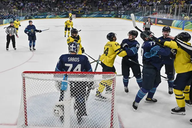 Finland and Sweden ice hockey players scuffle during 2026 Winter Olympics