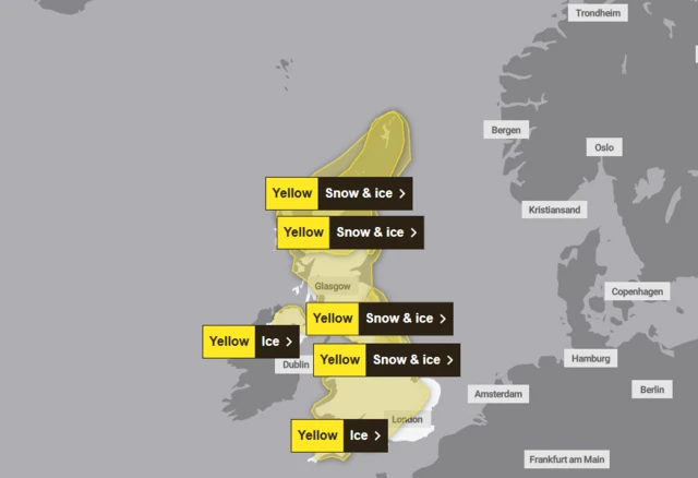 A map of the UK showing most areas having alerts for snow and ice