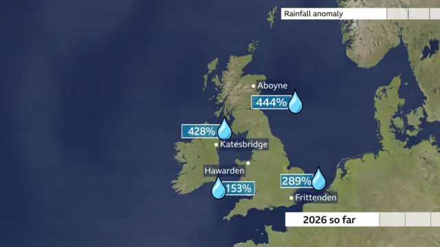 A chart showing areas of heavy rainfall across the UK so far this year.