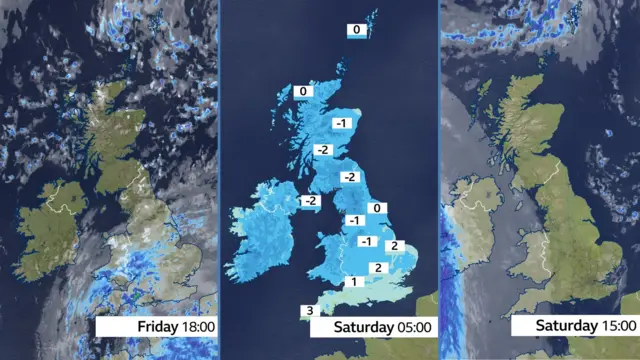 A map of the UK indicating weather conditions across three frames from Friday to Saturday.