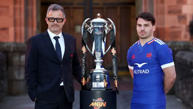 France's Fabien Galthie and Antoine Dupont with the Six Nations trophy