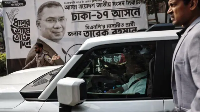 Tarique Rahman, chairman of Bangladesh Nationalist Party (BNP), in a car on his way to the mosque to attend Friday prayer, as results project BNP's victory in the 13th general election, in Dhaka, Bangladesh, February 13, 2026.