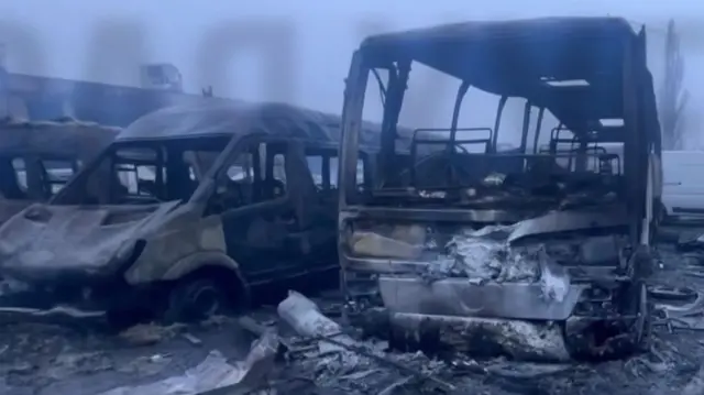 Burnt out vehciles seen in the footage from Odesa