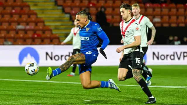 St Johnstone forward Josh Fowler nets from an offside position against Airdrieonians