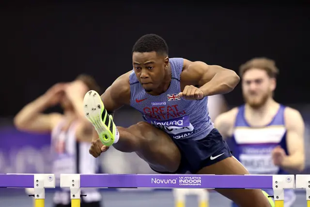 Tade Ojora of Great Britain competes on the 60m Hurdles men heats during day one of the UK Athletics Indoor Championships