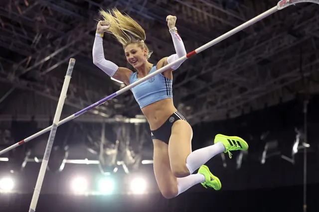 Molly Caudery of Great Britain celebrates at the women pole vault final during day one of the UK Athletics Indoor Championships at Utilita Arena Birmingham