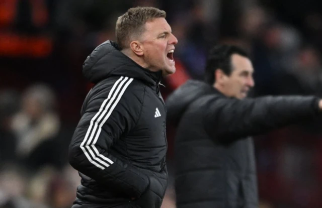 Newcastle United manager Eddie Howe and Aston Villa manager Unai Emery react