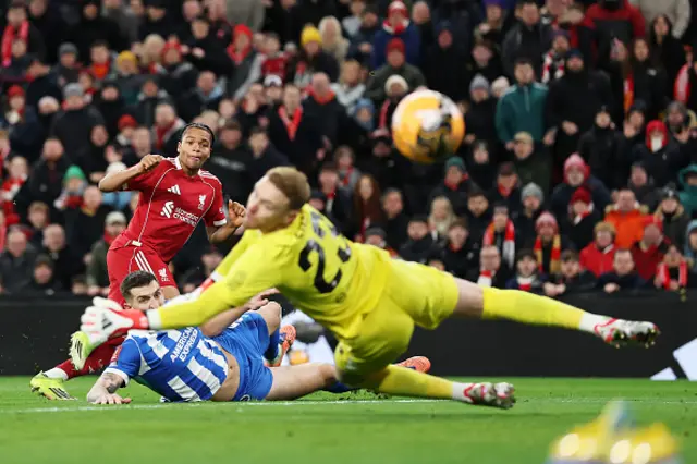 Rio Ngumoha of Liverpool scores a goal which is later ruled out for offside