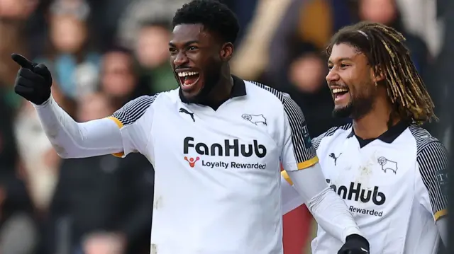 Patrick Agyemang celebrates scoring for Derby