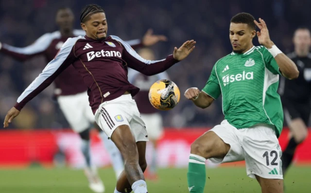 Aston Villa's Leon Bailey in action with Newcastle United's Malick Thiaw