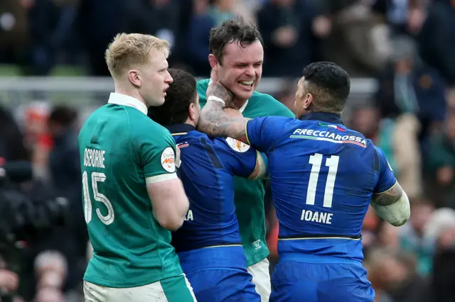 Italy's Monty Ioane in a scuffle with Ireland's James Ryan