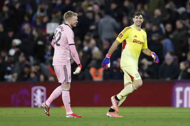 Aston Villa's Emiliano Martinez reacts with Newcastle United's Aaron Ramsdale
