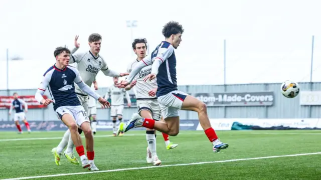Filip Lissah scores for Falkirk against Dundee United