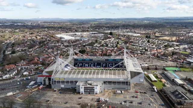 Preston's Deepdale stadium from above with blue skies before kick-off against Watford