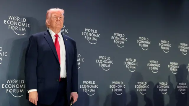 US President Donald Trump attends a reception with business leaders during the 56th annual World Economic Forum (WEF), in Davos, Switzerland, 21 January 2026