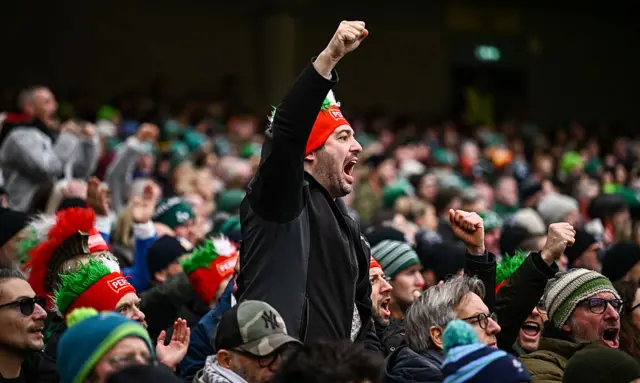 An Italy fan celebrates in the stands of the Aviva Stadium in Dublin