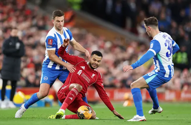 Gakpo is surrounded by Brighton players