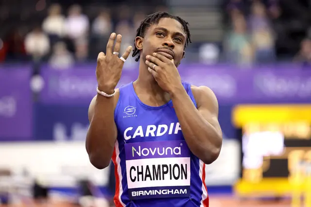 Jeremiah Azu of Great Britain celebrates after winning the men 60m finals during day one of the UK Athletics Indoor Championship
