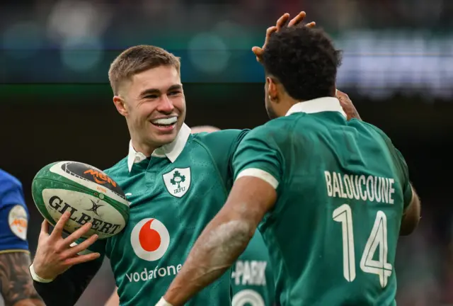 Jack Crowley celebrates with Robert Baloucoune