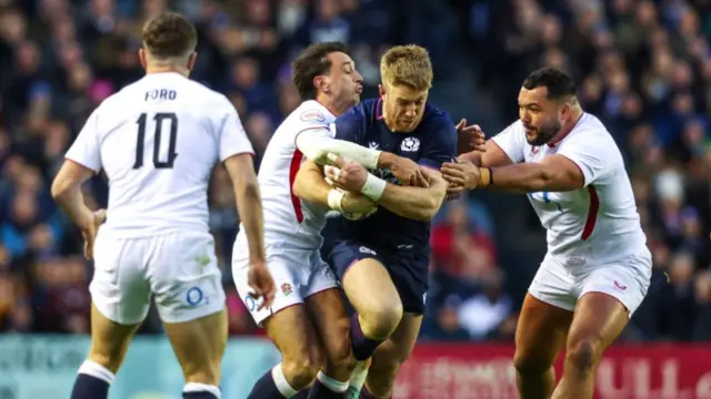 Kyle Steyn is tackled during Scotland's win over England
